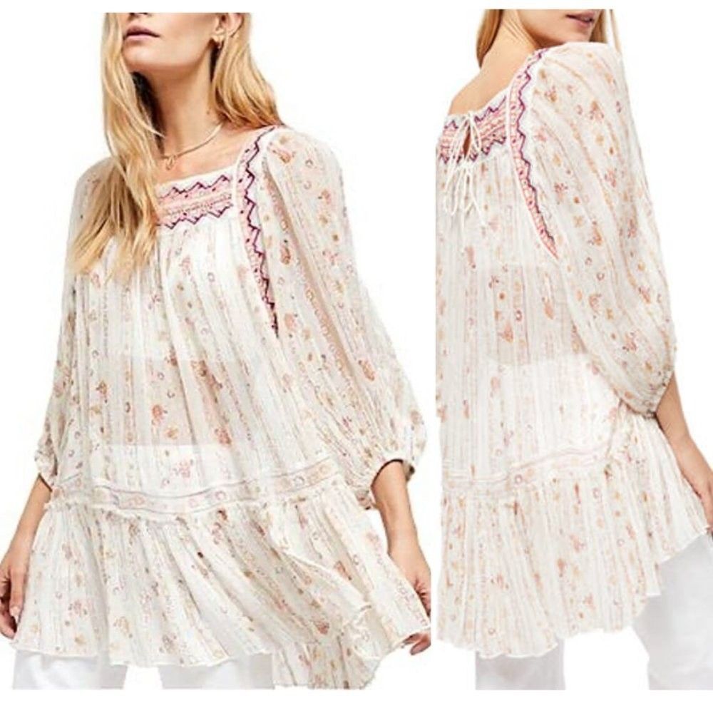 Free People Women's XS Ivory Semi Sheer Dance Magic Boho Chic Tunic Top